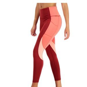 Color Block High Waisted 7/8 Length Leggings Coral/Pink/Maroon XL